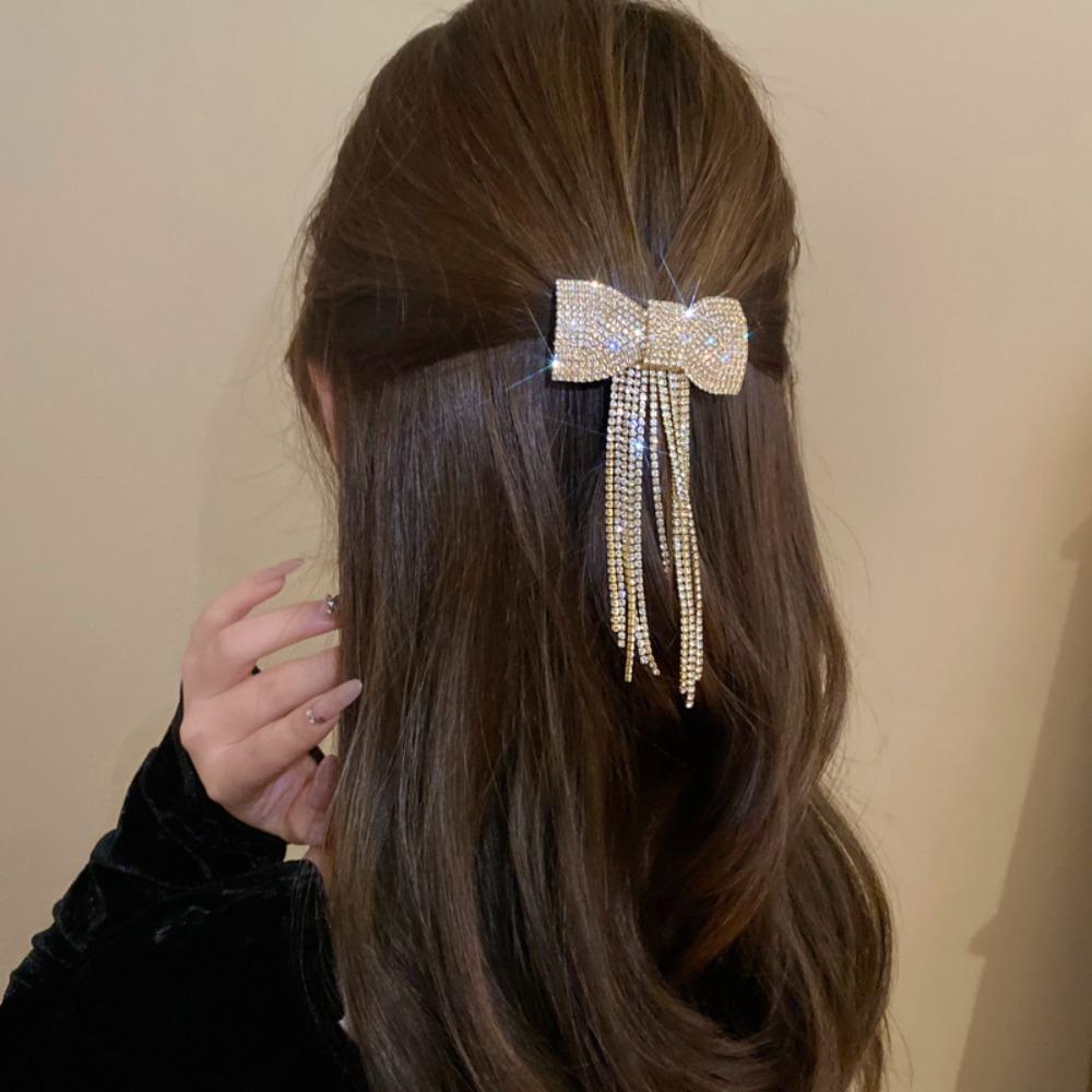 Light Luxury Bow Fringe Hairpin Temperament Bow Hair Clip Long Tassel Rhinestone Hairpin  Women
