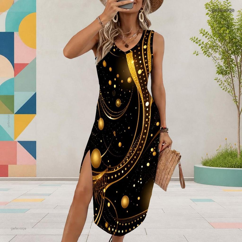 Women Plus Size Sleeveless U Neck Black Printed Dress High Side Slit Curved Hem