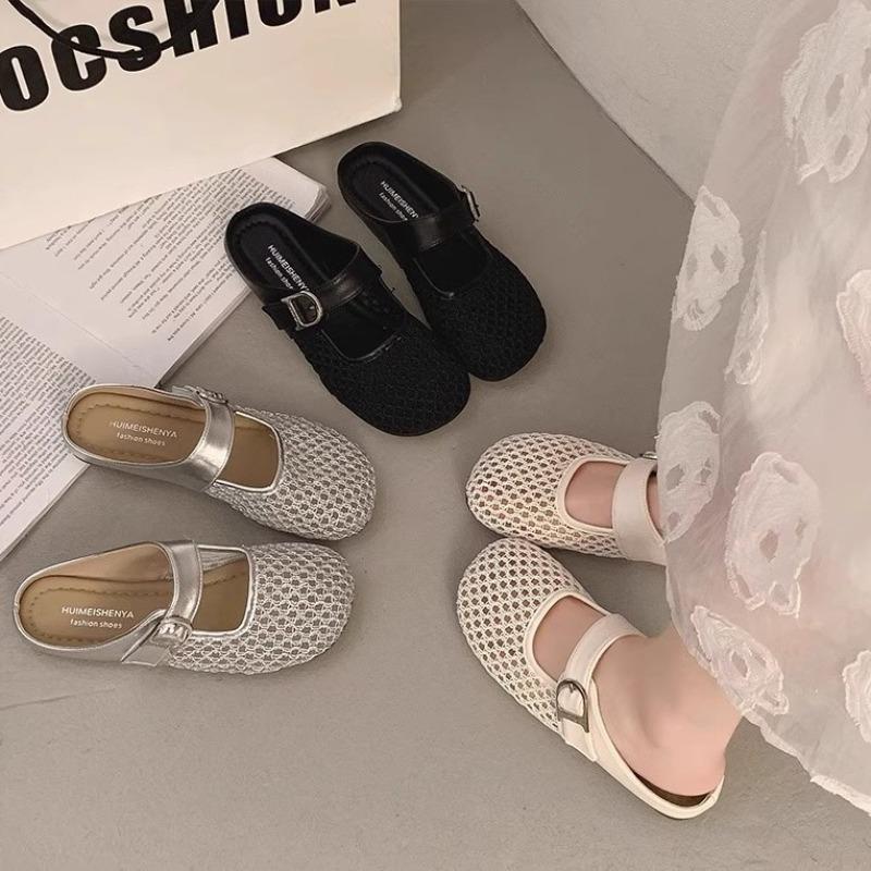 Flat Bottom Hollow Breathable Half Support with Skirt Sandals New Mesh Bag Head Half Slippers Women's Summer Wear