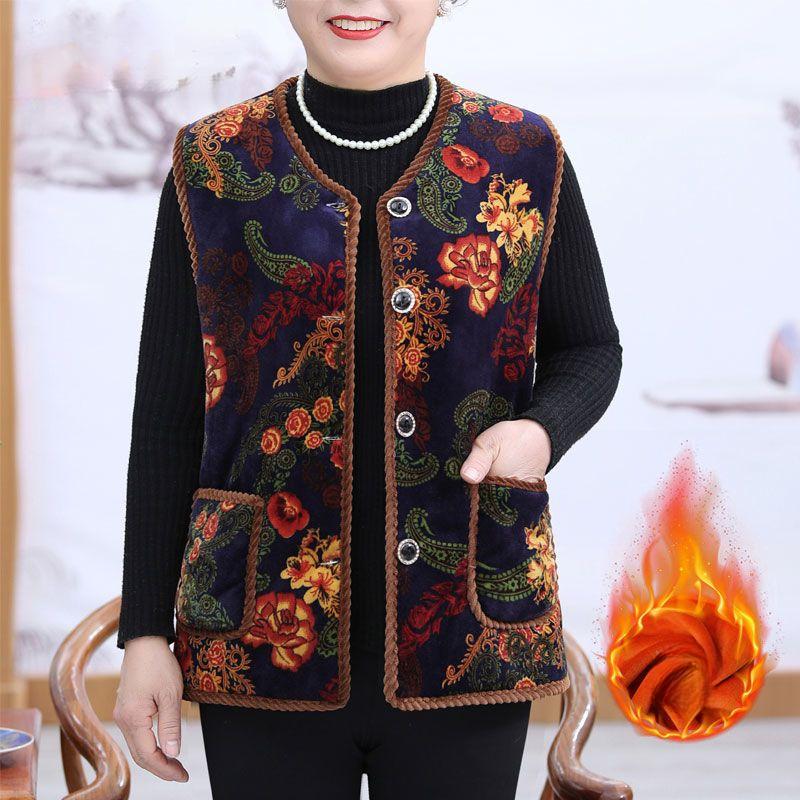 

Модная одежда для женщин среднего возраста Зимние утепленные жилеты на флисе с принтом в китайском стиле для повседневной носки дома 5XL бежевый