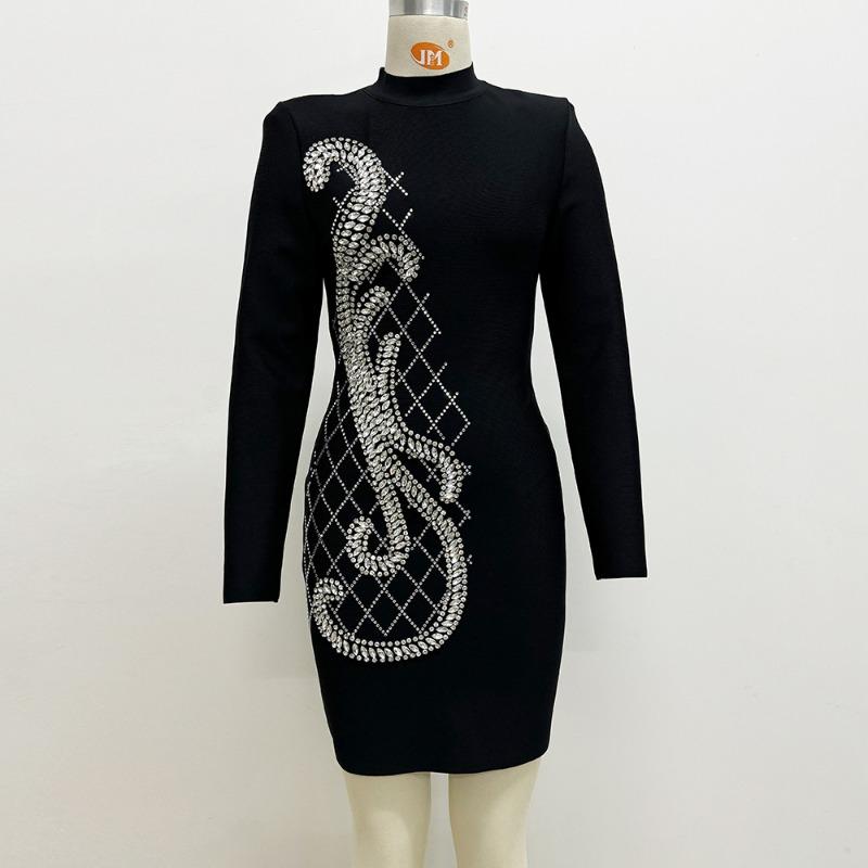 

Новое платье с длинным рукавом Тяжелая промышленность высокий воротник тонкая женская одежда бандажная юбка облегающее бедра платье для званого ужина XL чёрный