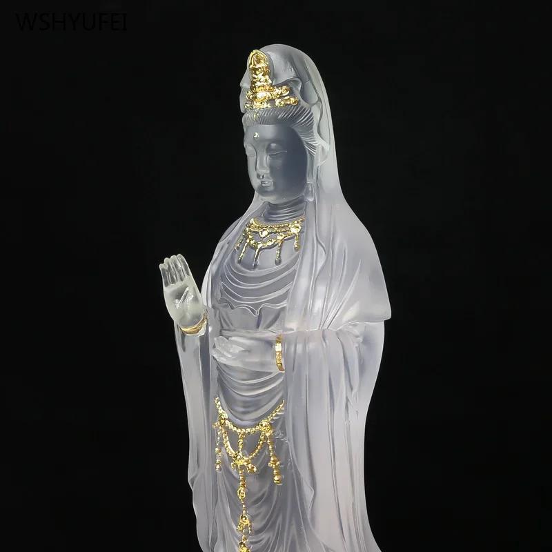 1 PCS 29cm Resin Putuo Nanhai Guanyin Character Station Buddha Statue Home Decoration Gold Carving Crafts Feng Shui Ornament