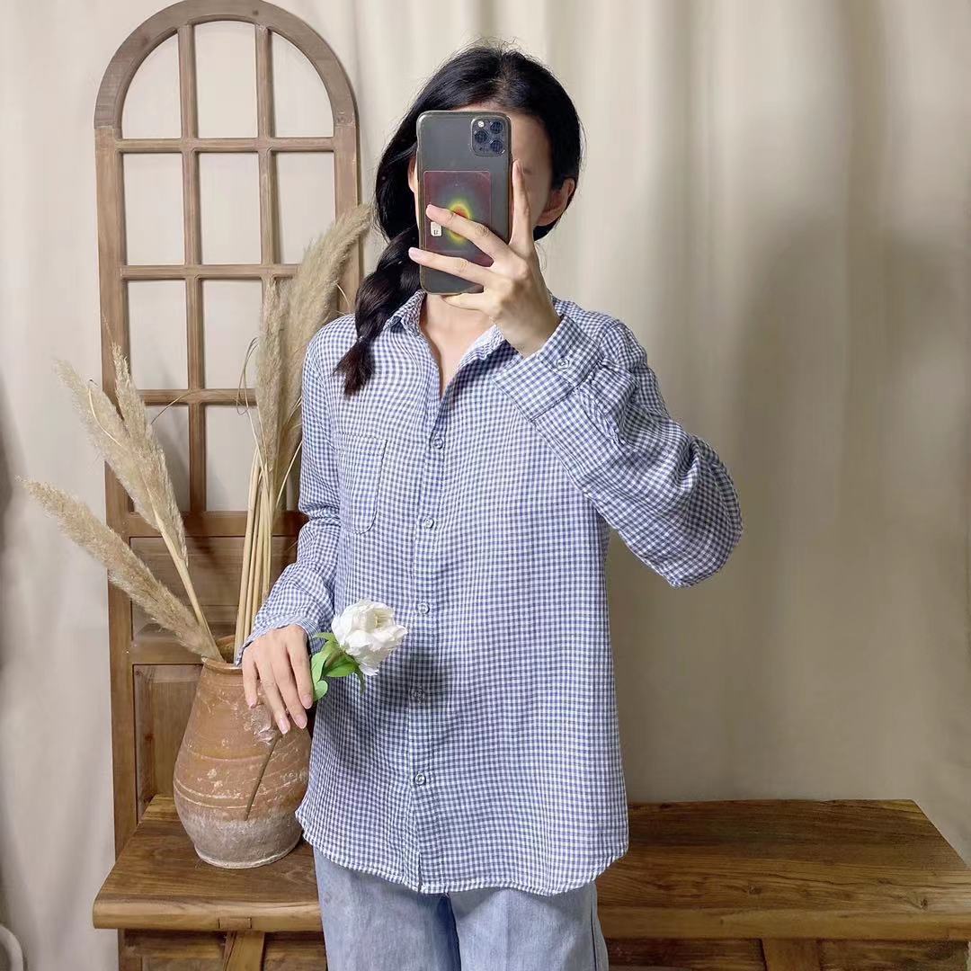 

Johnature весенние повседневные клетчатые женские топы, блузки, винтажные клетчатые свободные женские рубашки с отложным воротником One Size синий