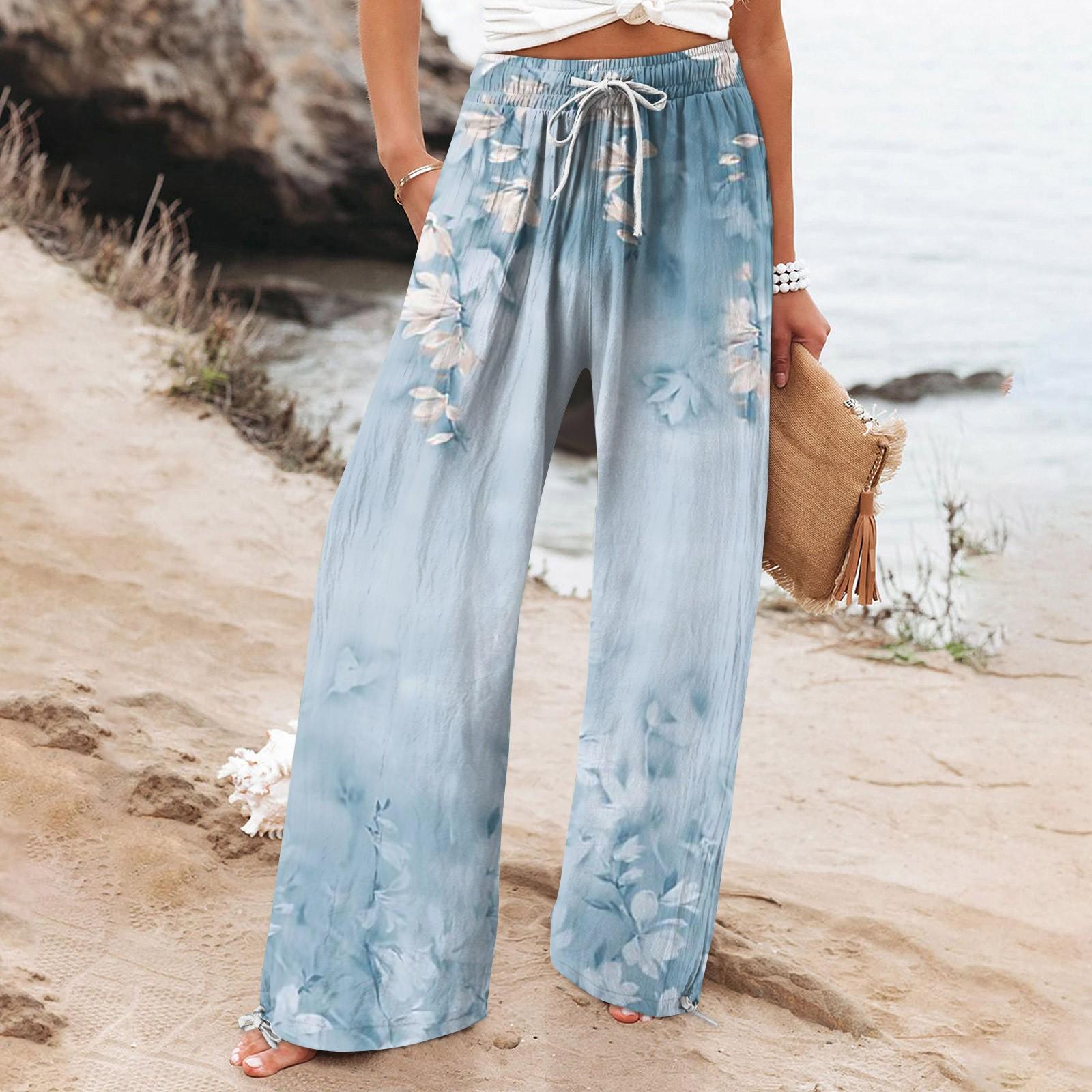 

Women s Pant Casual Loose High Waist Cotton Linen Wide Leg Long Pants With Pockets M синий