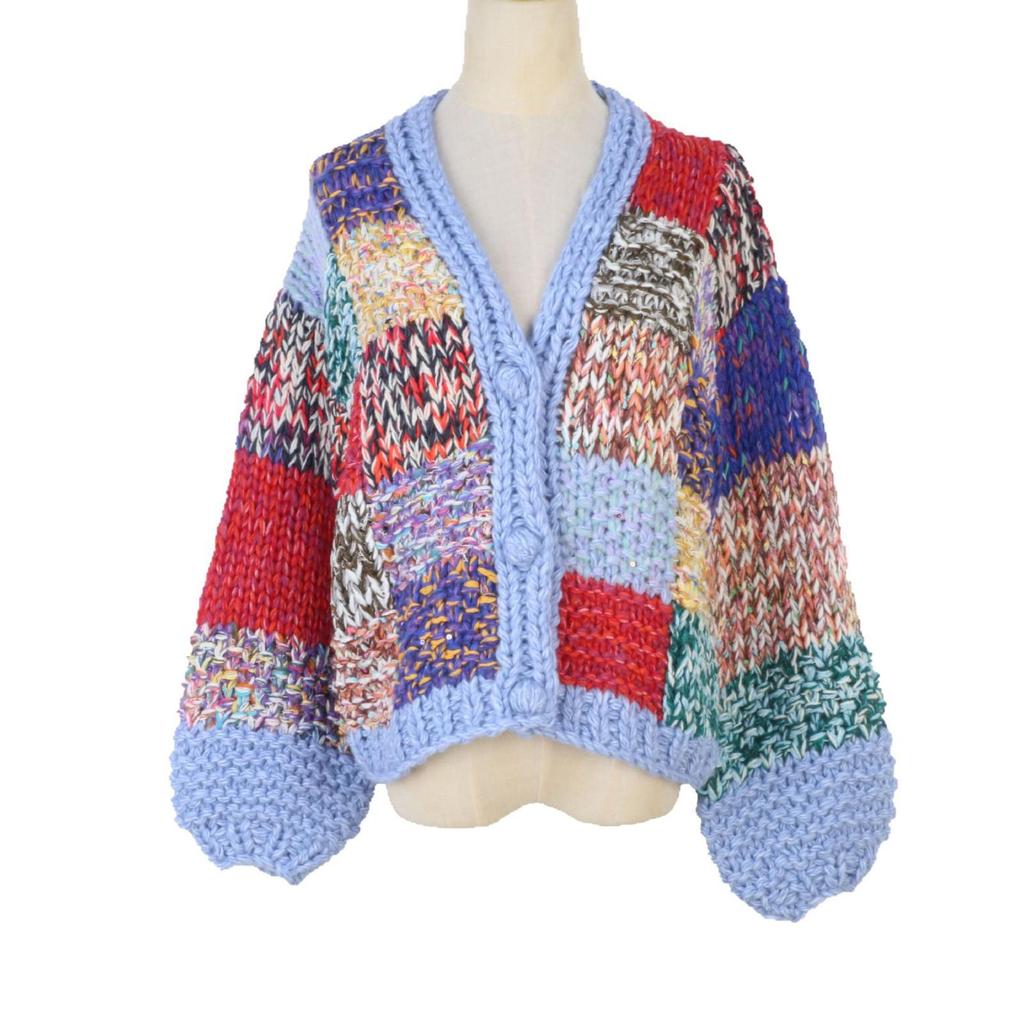 European-American Color Block V-Neck Long Sleeve Sweater - Trendy Loose Knit for Spring and Autumn