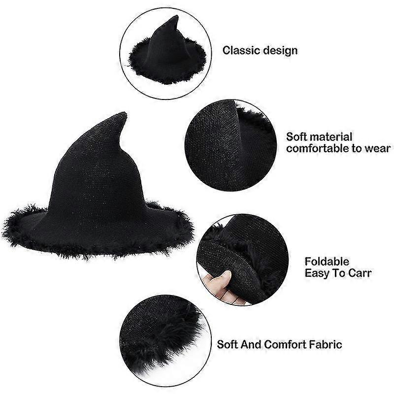 Halloween Beanie Witch Hats Women Plush Trim Wide Brim Pointed Cap Masquerade Cosplay Party Hats Costume Accessory Multi-color Optional