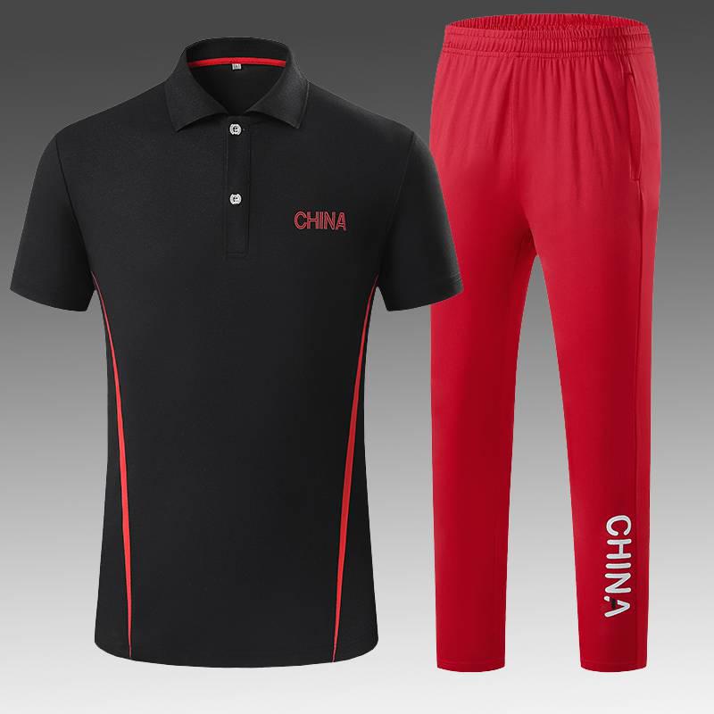 

Унисекс летний беговой комплект: Топ с коротким рукавом свободного кроя и длинные брюки для пар 130 чёрный/красный