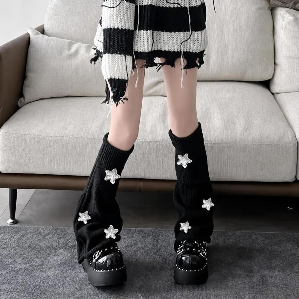 Star Decoration Knit Long Socks Striped Leg Warmers Vintage Boot Cuffs For Women
