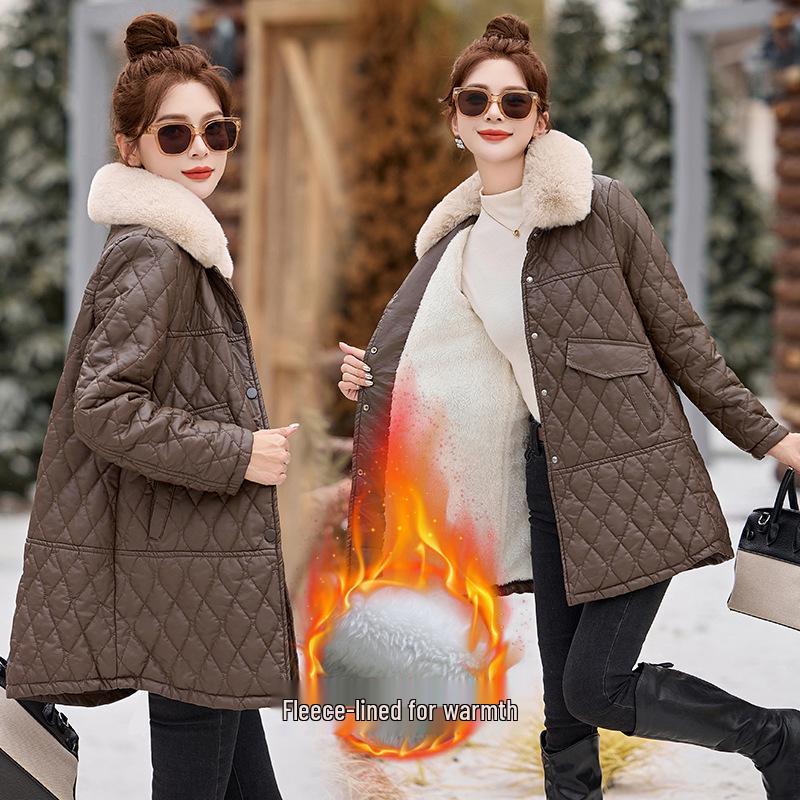 

Зимнее женское корейское пальто из искусственной ПУ кожи с флисовой подкладкой и меховым воротником M (90-110 Jin) кофейный