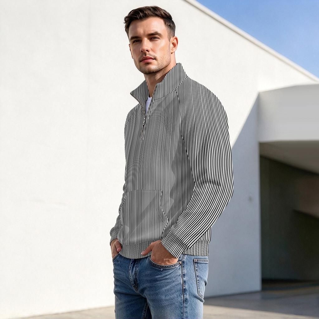 Herren Pullover mit vertikalem Streifenprint, Reißverschluss und Stehkragen, Lässiges Falten- Sportoberteil für Herbst Winter
