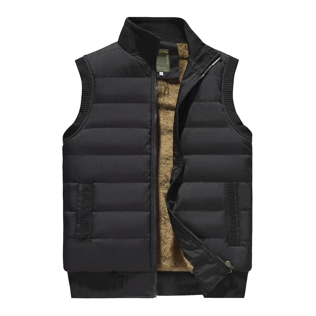 Men's Casual Solid Color Vest, Men's Stand-up Collar Zipper Fleece Warm Sleeveless Vest