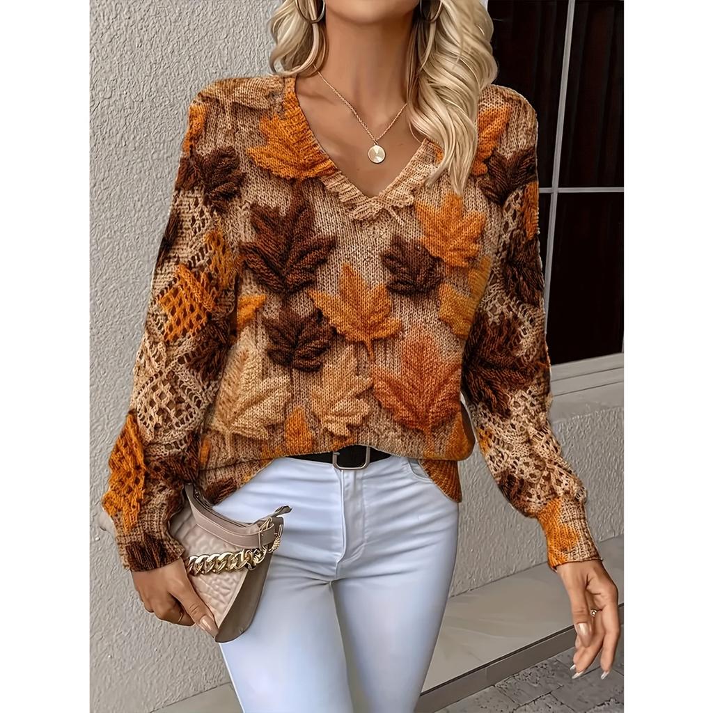 Elegant Autumn and Winter, Bohemian, Western-style Versatile Pullover V-neck Long Sleeved Women's Top, Trendy Women's Knitted Sweater