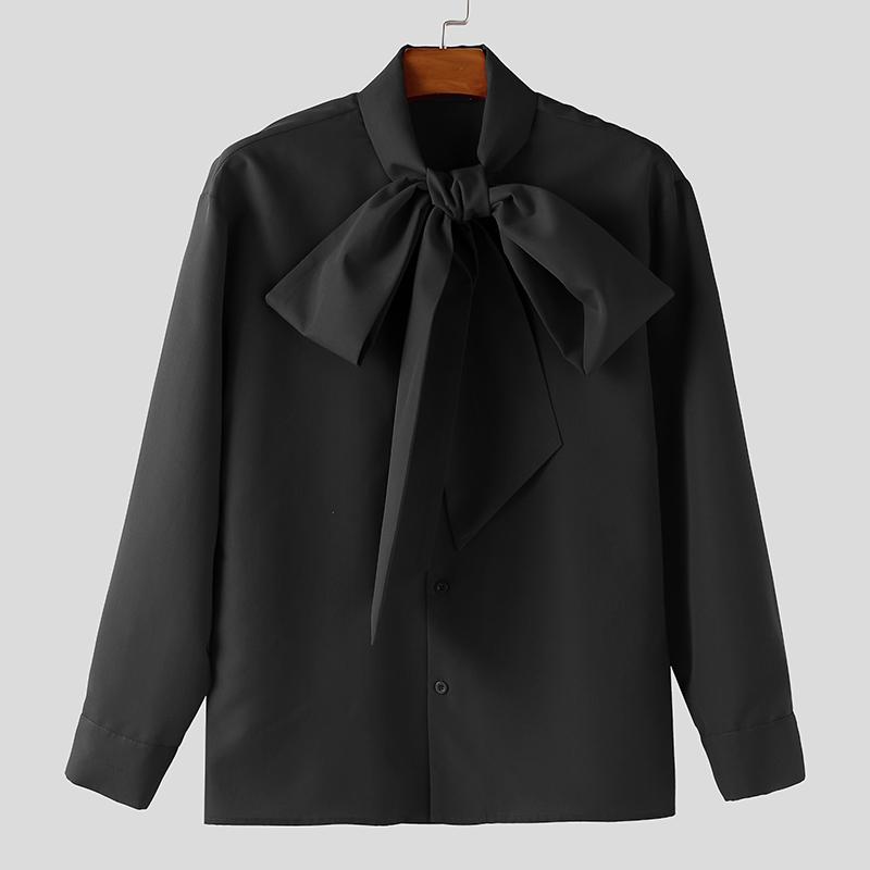 INCERUN Oversized Men Bow Knot Neck Long Sleeve Casual Loose Elegant Shirts