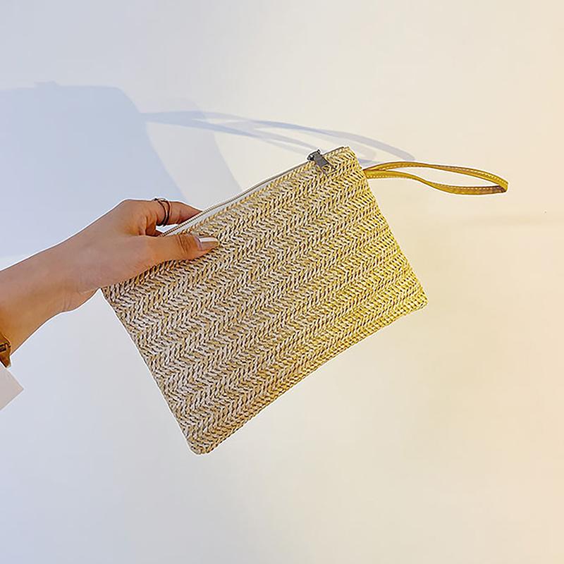 Weaving Bag  Ladies Wristlet Clutch Women Daily Money Phone Clutch Solid Straw Woven Coin Purse Beach Wallet Card Holder