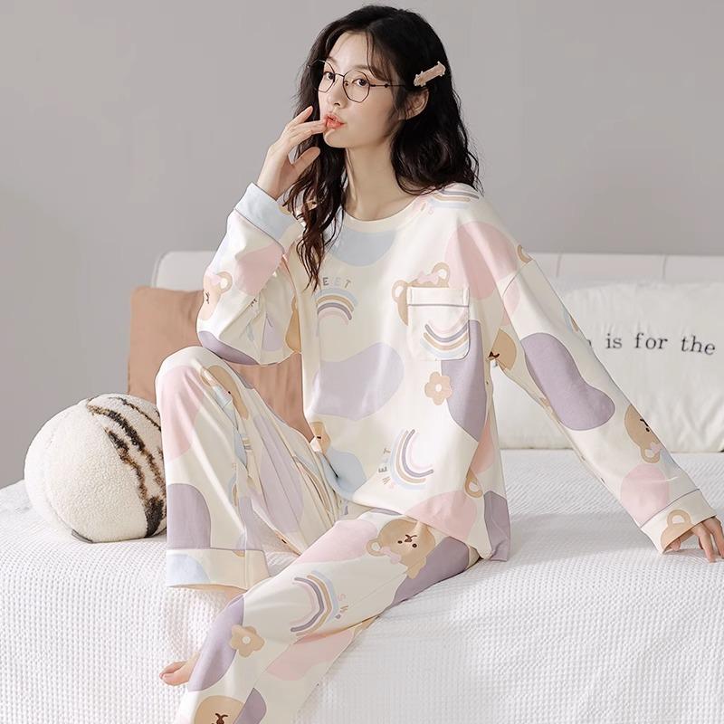 Autumn and Spring Long-Sleeve Women's Home Wear Pants Cartoon Set Pajamas for Ladies