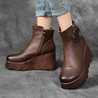 Fashion GKTINOO Handgefertigte Damenstiefel aus echtem Leder Runde Zehenpartie Blume Keilabsatz mit dicker Sohle Kurze Stiefel Weiche Sohle High Heels Stiefel 2025