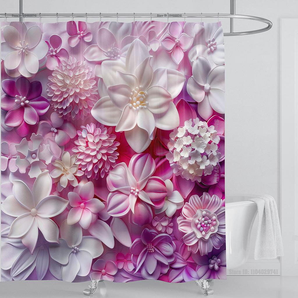 3D Red Floral Shower Curtain Set Pink Flower Design Fabric Bathroom Decor Waterproof Washable Shower Curtain Set with Hooks