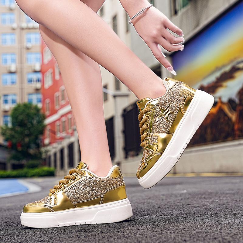 Men Sparkling Shoes Couple Lightweight Sneakers Red Gold Women’s Low Sneakers Casual School Student Plus Size
