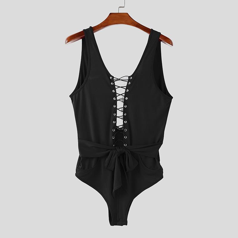 

INCERUN Мужские комбинезоны боди без рукавов с вырезами, на шнуровке 4XL чёрный