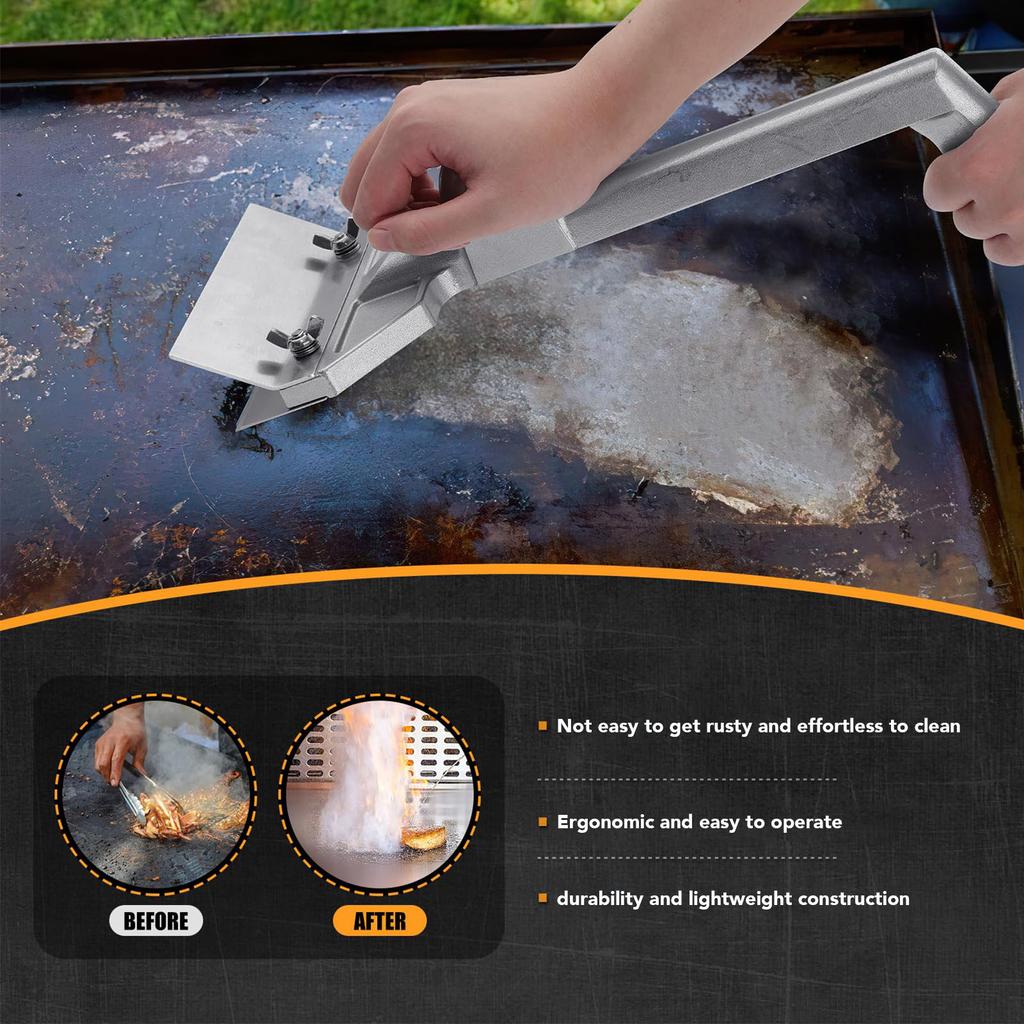 Grill Cleaning Scraper Labor Saving High Efficiency Griddle Scraper Aluminum Long Ergonomic Handle Flat Top for Commercial Use