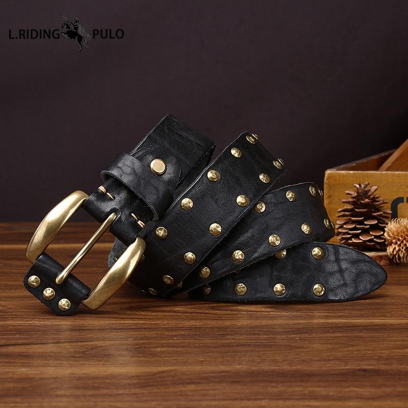 Punk-style Studded Leather Belt for Men Genuine Leather with Pin Buckle Washed, Vintage, Distressed Finish, Pure Cowhide, Unique Casual Denim Belt.
