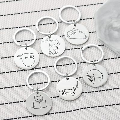 Cute Cat Round Stainless Steel Keychain 6 Optional Styles Fashion Bag Pendant Practical Gift for Best Friends