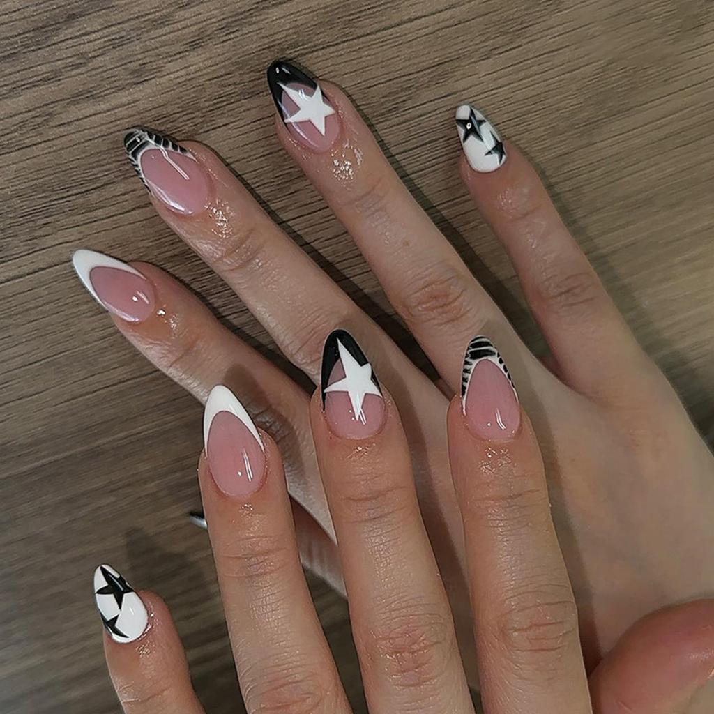 24 Pcs French Tip Press On Nail Almond Shape False Nail Stars Acrylic Nail Glossy Full Cover Stick On Nail