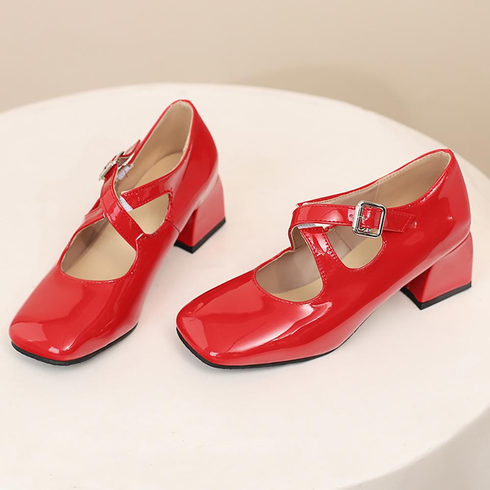 White Women Pumps Square Toe Non-slip Buckle Strap High Block Heel Plus size 45 48