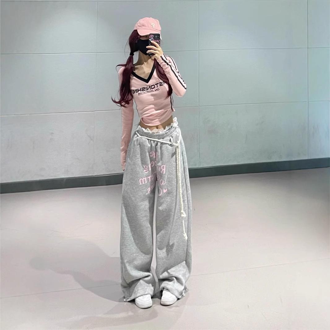 

Women s Spring Letter Print Wide-Leg Lace Patchwork Sweatpants S Premium