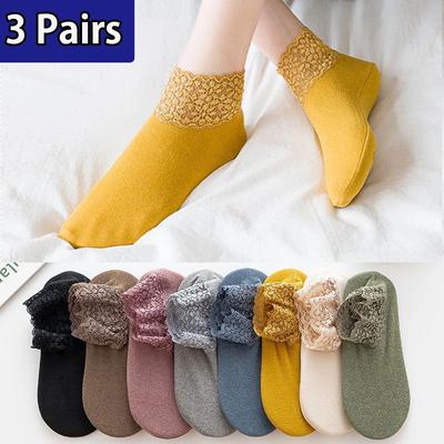 3 Pairs/Set Women Thicken Warm Socks Fashion Lace Solid Color Thermal Socks Silicone Anti-slip Casual Short Socks Autumn Winter