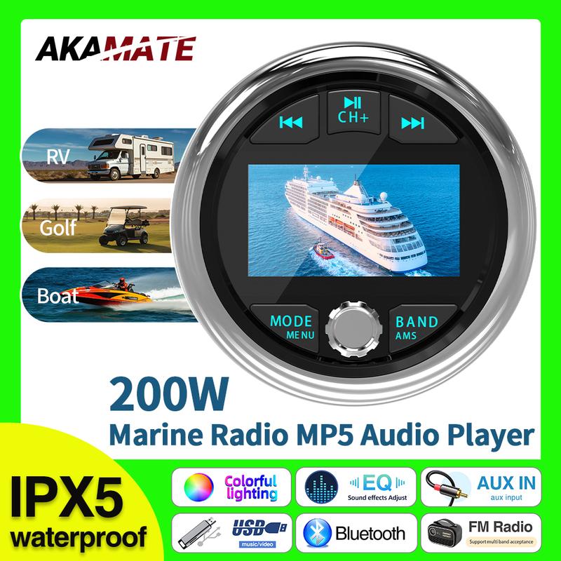 For RV Radio Boat Radio MP5 Stereo Source Media Player AM FM Receiver MP3 Music MP4 Video Play Bluetooth AUX for Yacht ATV UTV