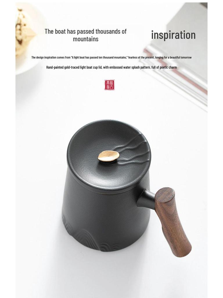 Ceramic Tea Cup with Water Separation, Large Capacity, All-Ceramic Filter, Walnut Wood Handle, Customizable Logo.