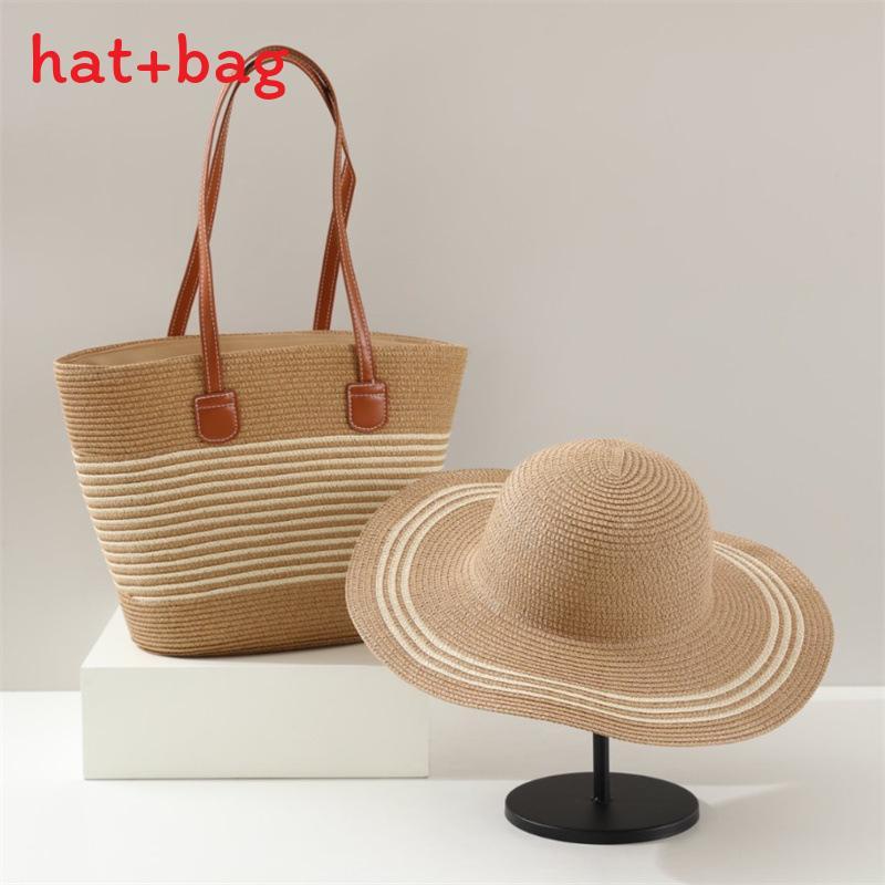 Woven Sun Hat And Large Capacity Straw Tote With Striped Pattern For Travel And Casual Wear