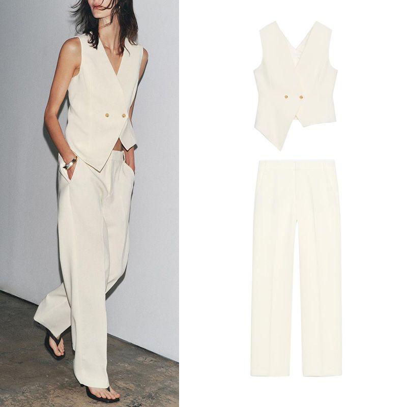 Asymmetric V-neck Sleeveless Vest 3447180 Strap Decoration Minimalist All-Match Low Waist Casual Pants 3328180