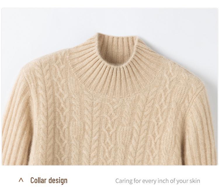 Women's Thick Cable Knit Cashmere Sweater - Half-High Neck, Long Sleeve, Solid Color Loose Fit for Fall and Winter Layering.