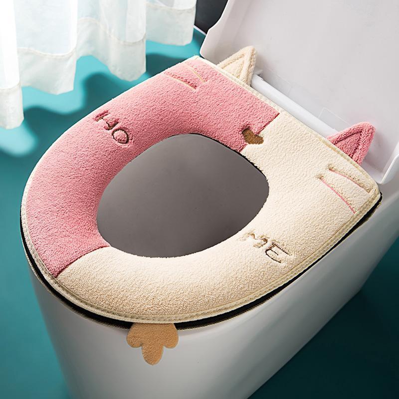 Cat Toilet Seat with Handle Zipper Thick Warm Universal Seat Cushion Winter Ring Suede Embroidery Pattern Toilet Accessories. Pink