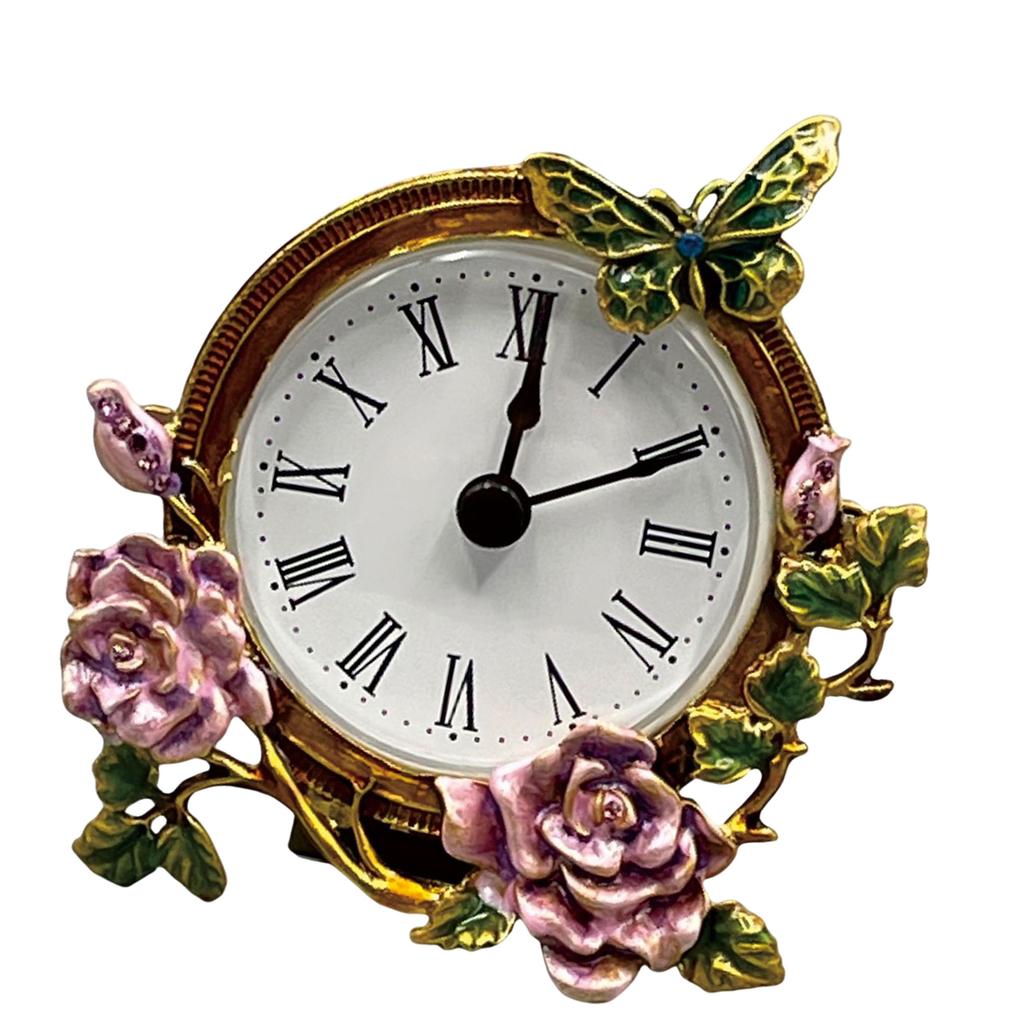Vintage Mini Table Clock Quiet Analog Design Handpainted Metal Floral Butterfly Body Desk Clock for Bedroom and Office