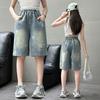 Kinder Kind Retro Gothic Y2K Knielang Zerrissene Jeansshorts Mit Sternenprint für Teenager Mädchen Mode Lässig Wadenlang Jeans Capri