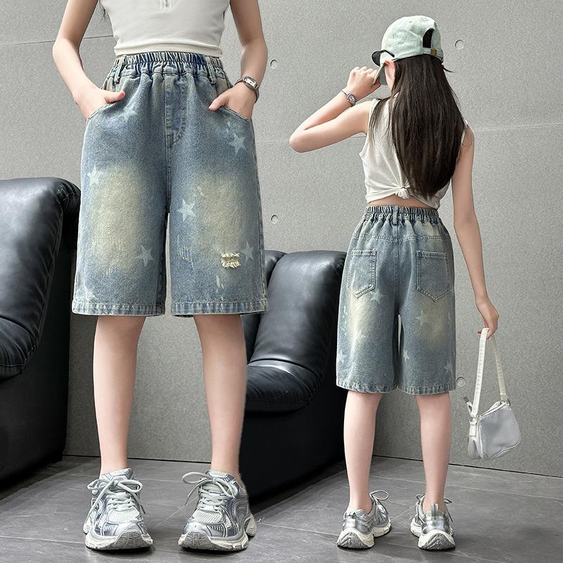 Kinder Kind Retro Gothic Y2K Knielang Zerrissene Jeansshorts Mit Sternenprint für Teenager Mädchen Mode Lässig Wadenlang Jeans Capri