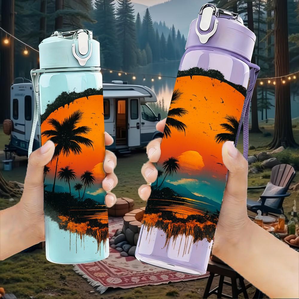 1PC Sunset Palm Tree Island Badge Print 750ml Color Plastic Sports Water Bottle Leakproof Flip Straw Lid Suitable for Sports Office Home Use