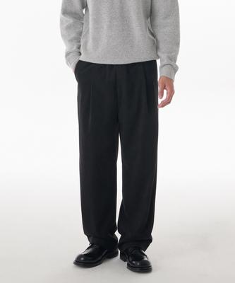 Brushed One-Pleat Wide Elastic Pants [Black]