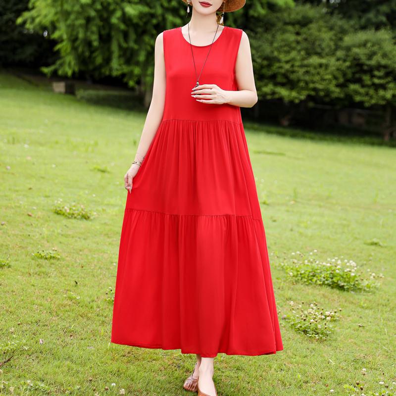 Elegant Sleeveless Dress for Women Plus Size Short Sleeve Vintage Print Long Dress Summer Casual Middle-aged Women's Clothing