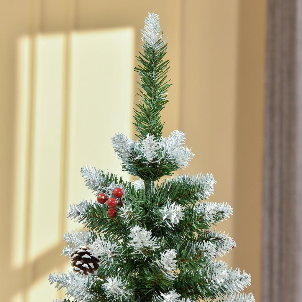 150cm Artificial Snow-Covered Christmas Tree with Red Berries and White Pine Cones, Removable Folding Base, 408 Branches
