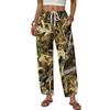 Women Casual Loose Fit Wide Leg Button Front Printed Pattern Long Pants with Adjustable Waist Drawstring and Side Pockets