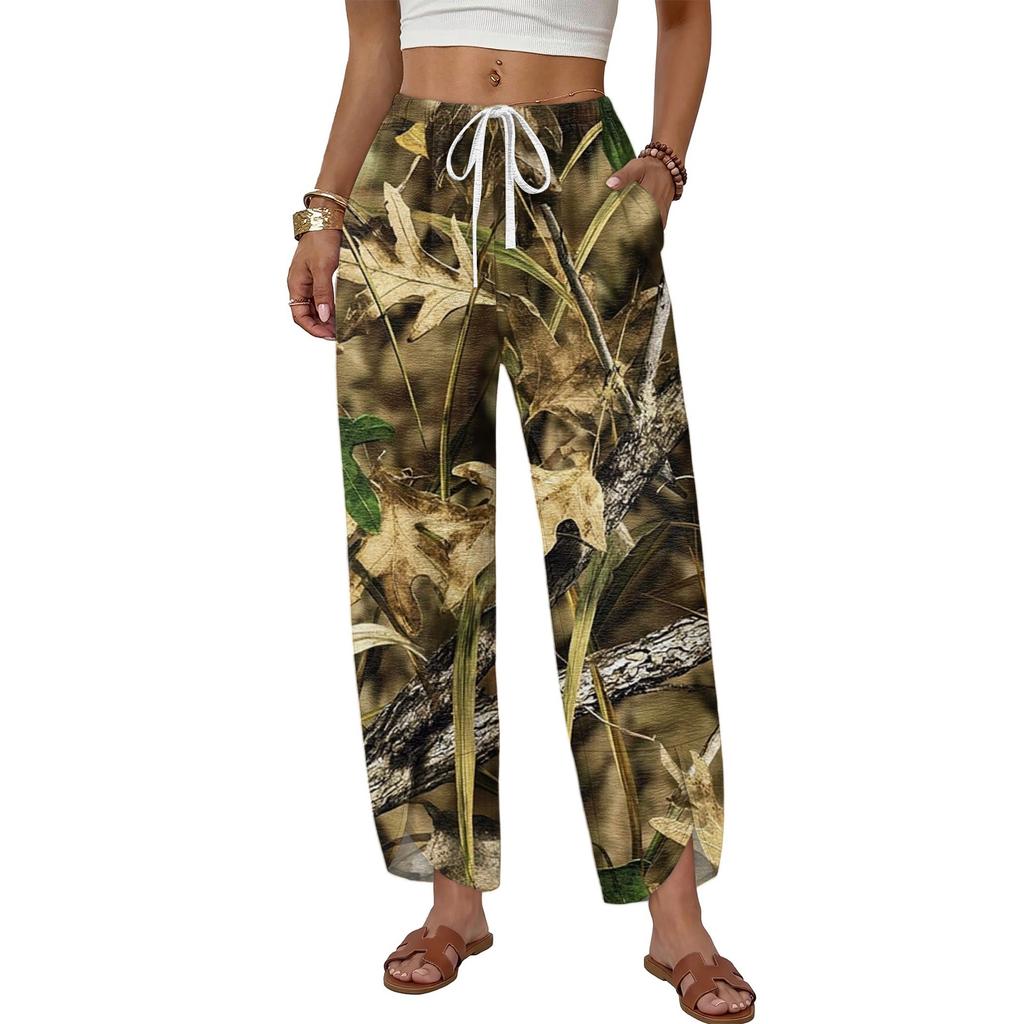 Women Casual Loose Fit Wide Leg Button Front Printed Pattern Long Pants with Adjustable Waist Drawstring and Side Pockets