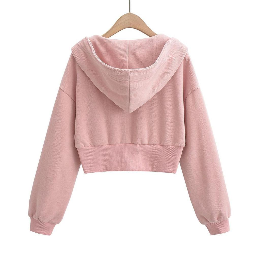 Women's Trendy European & American Double Zipper Hooded Sweatshirt - Solid Color, Loose Fit, High Waist Casual Jacket