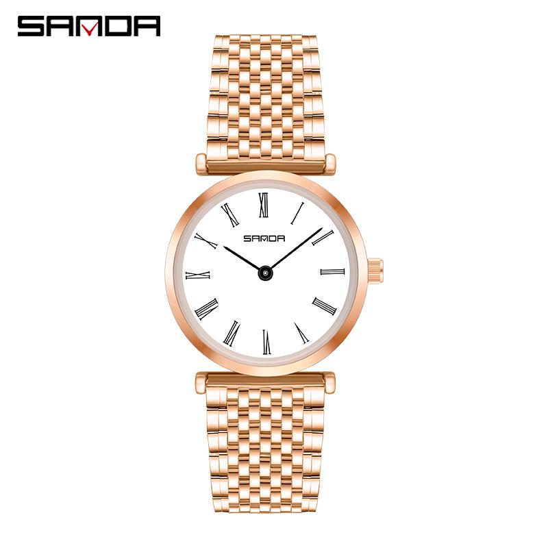 Sanda Trendy Diamond Roman Numeral Couple Watches - Steel Band, Waterproof Women's Wristwatch