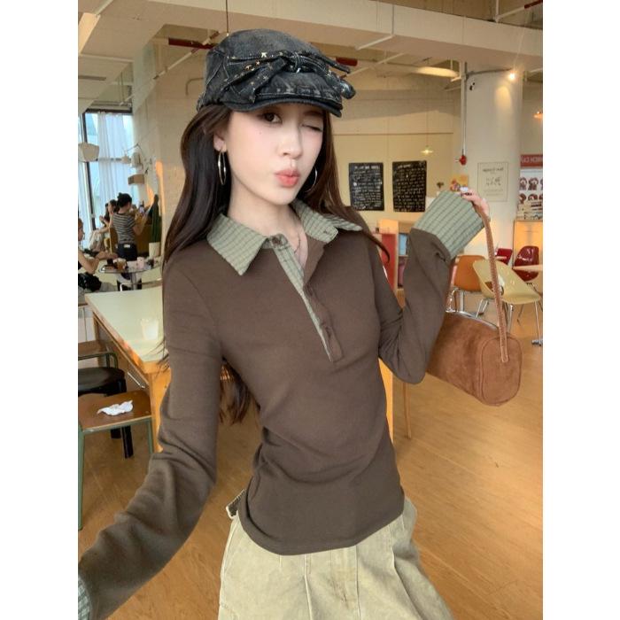 Merlot Karo Patchwork Baumwollmischung Revers Langarm Damen Schlankmachendes Herbst Top