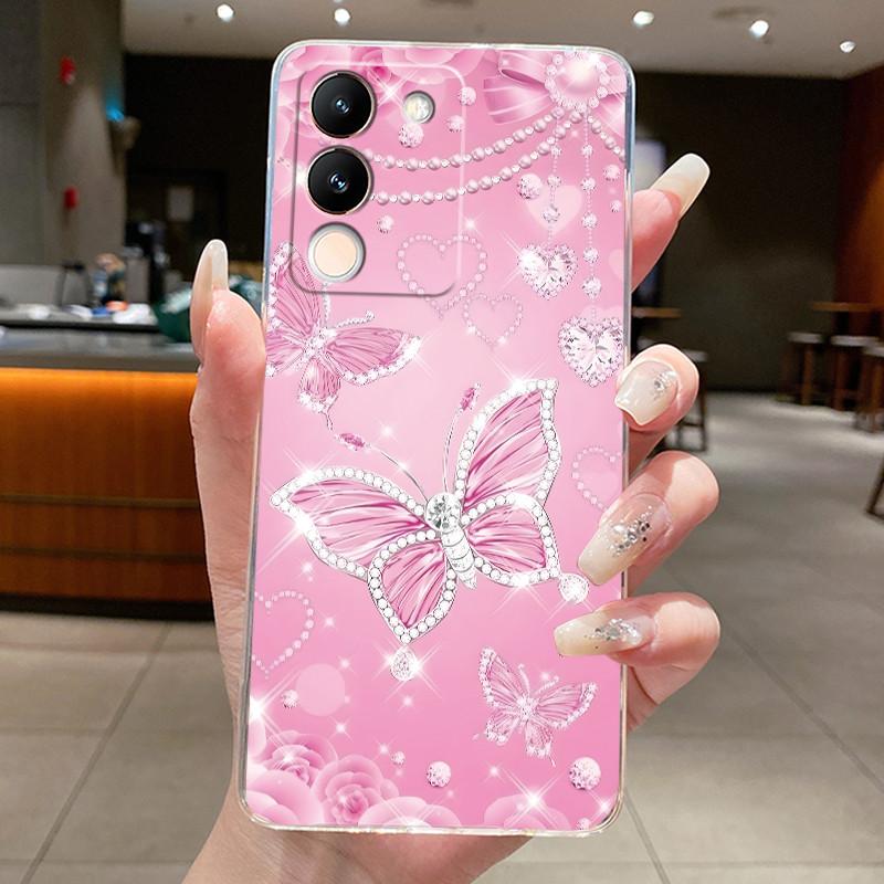 Phone Case For Vivo V29e V27e 5G Slim Soft TPU Cover Clear Silicone Aesthetic Luxury Fashion Butterfly Flowers New Design Case