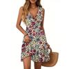 Women's Dress V-neck Sleeveless Casual Floral Print Hem Pleated Dress
